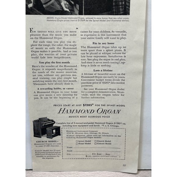 Hammond Organ Vintage Print Ad 1952 Spinet Church Model Chicago Illinois - Picture 5 of 5